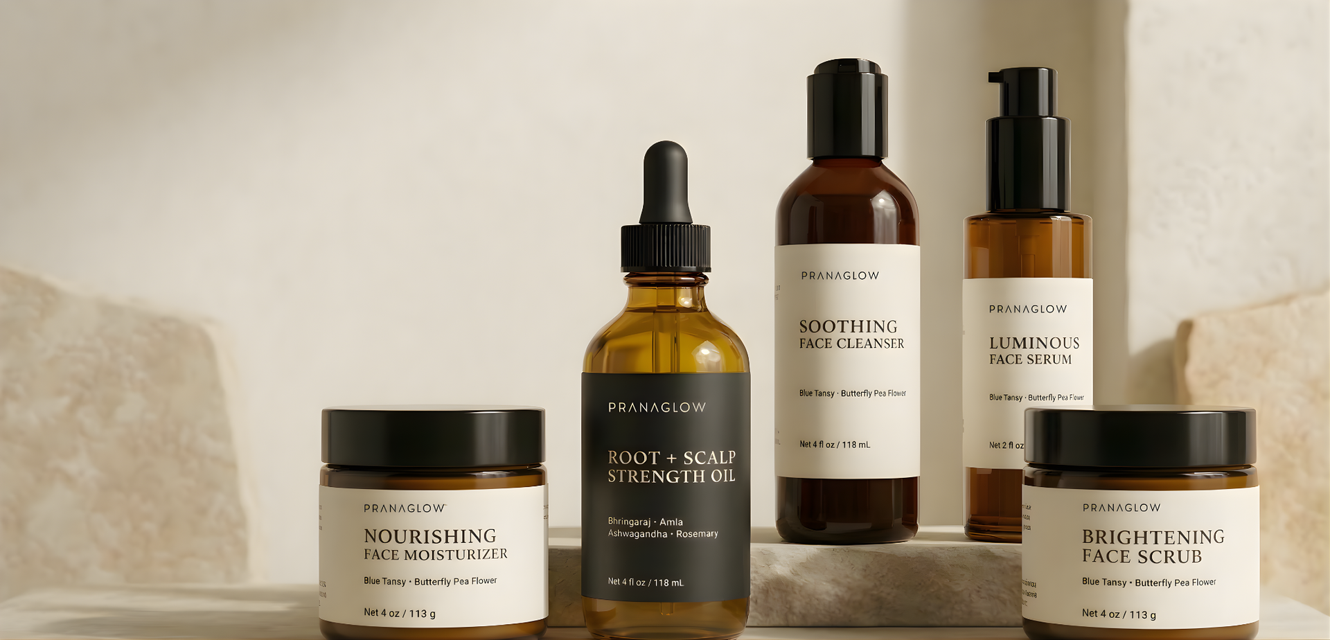 Collection of Pranaglow's products on a neutral background