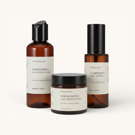 Pranaglow's daily skin ritual products on a white background