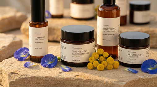 Pranaglow's glow ritual products on a stone surface with flowers