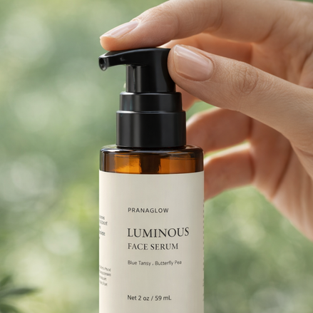 Hand holding a bottle of Pranaglow Luminous Face Serum with a blurred green background