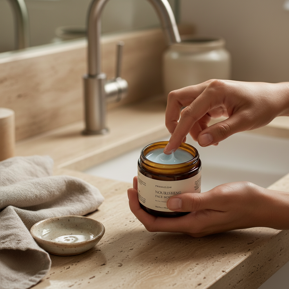 Person applying Pranaglow's nourishing face moisturizer from a jar on a kitchen counter.