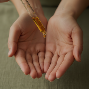 Person holding a dropper with Pranaglow's root and scalp strength oil over open palms on a neutral background