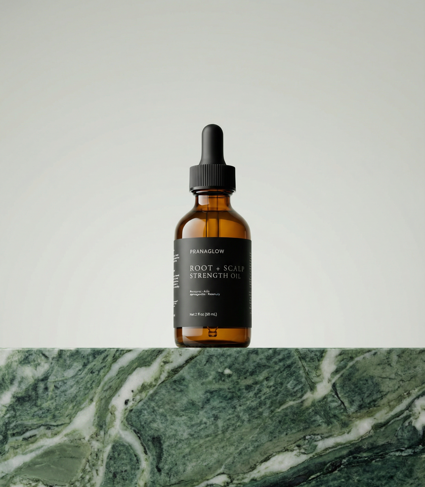 Bottle of Pranaglow Root & Scalp Strength Oil on a marble surface with a gray background