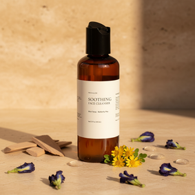 Bottle of Pranaglow's soothing face cleanser with flowers on a wooden surface